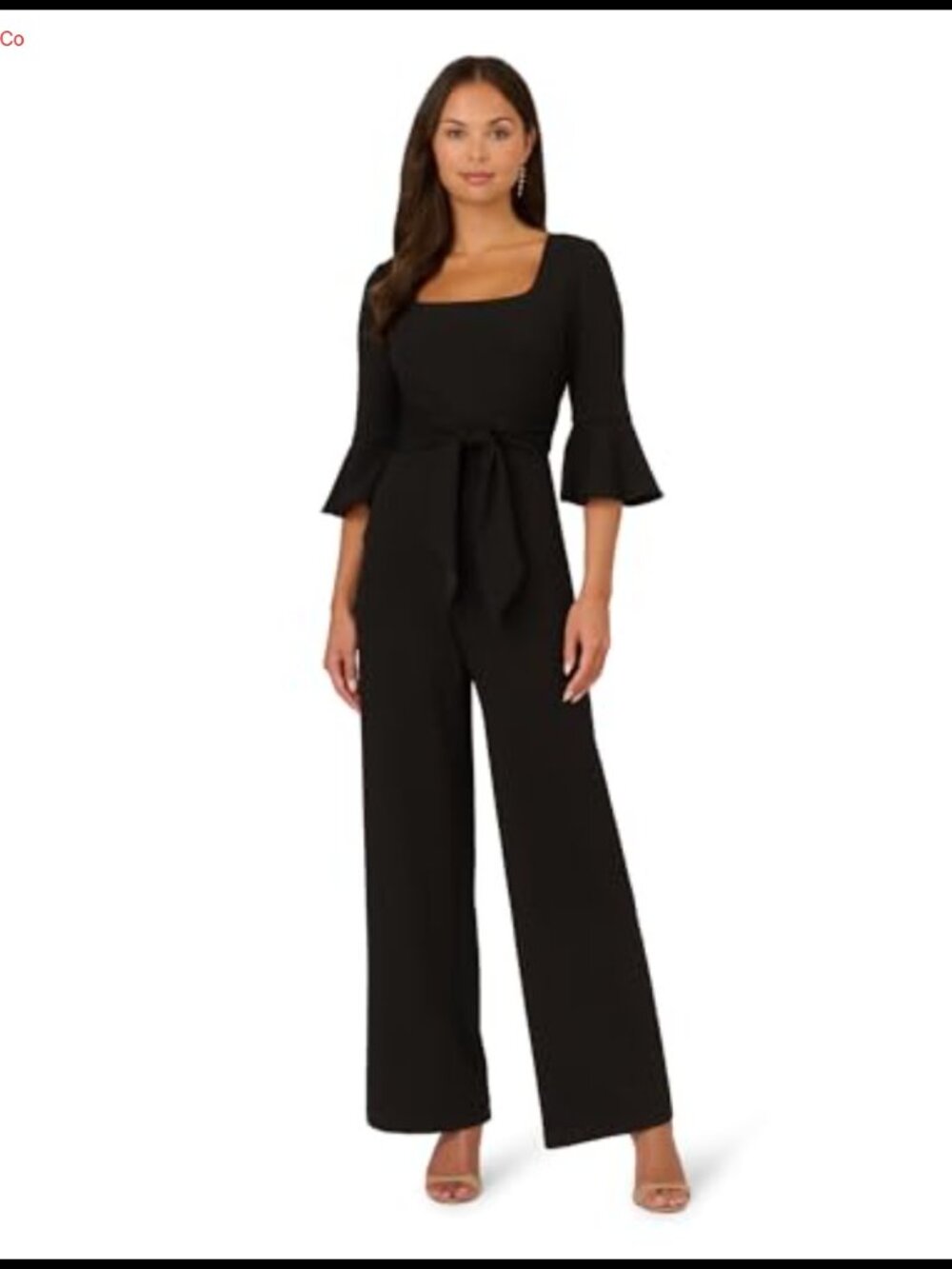 Knit Crepe Tie Front Jumpsuit Formal One Piece Bell Sleeve Wide Leg